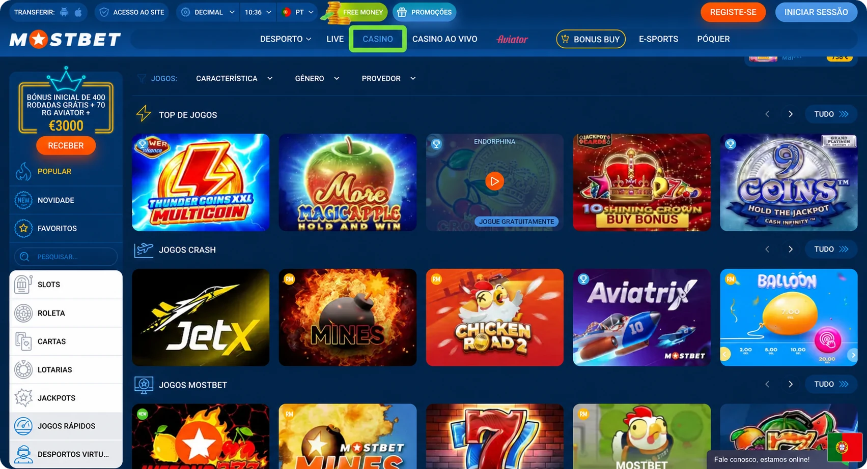 Lobby do casino Mostbet com slots populares