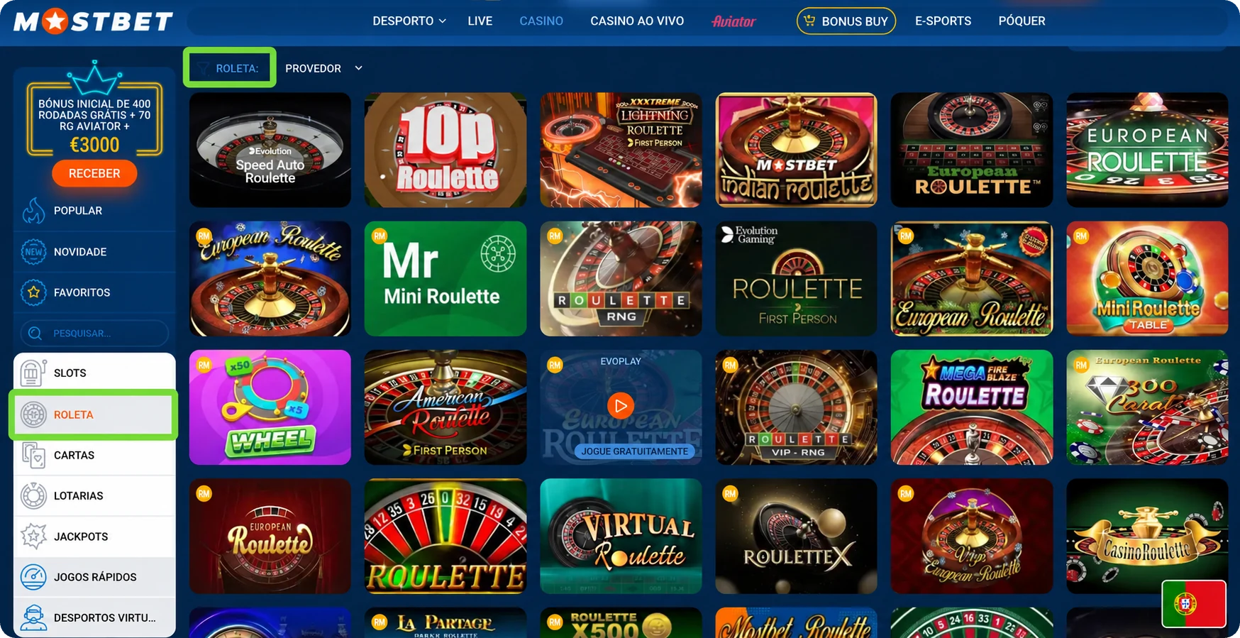 Categoria de roleta no casino Mostbet