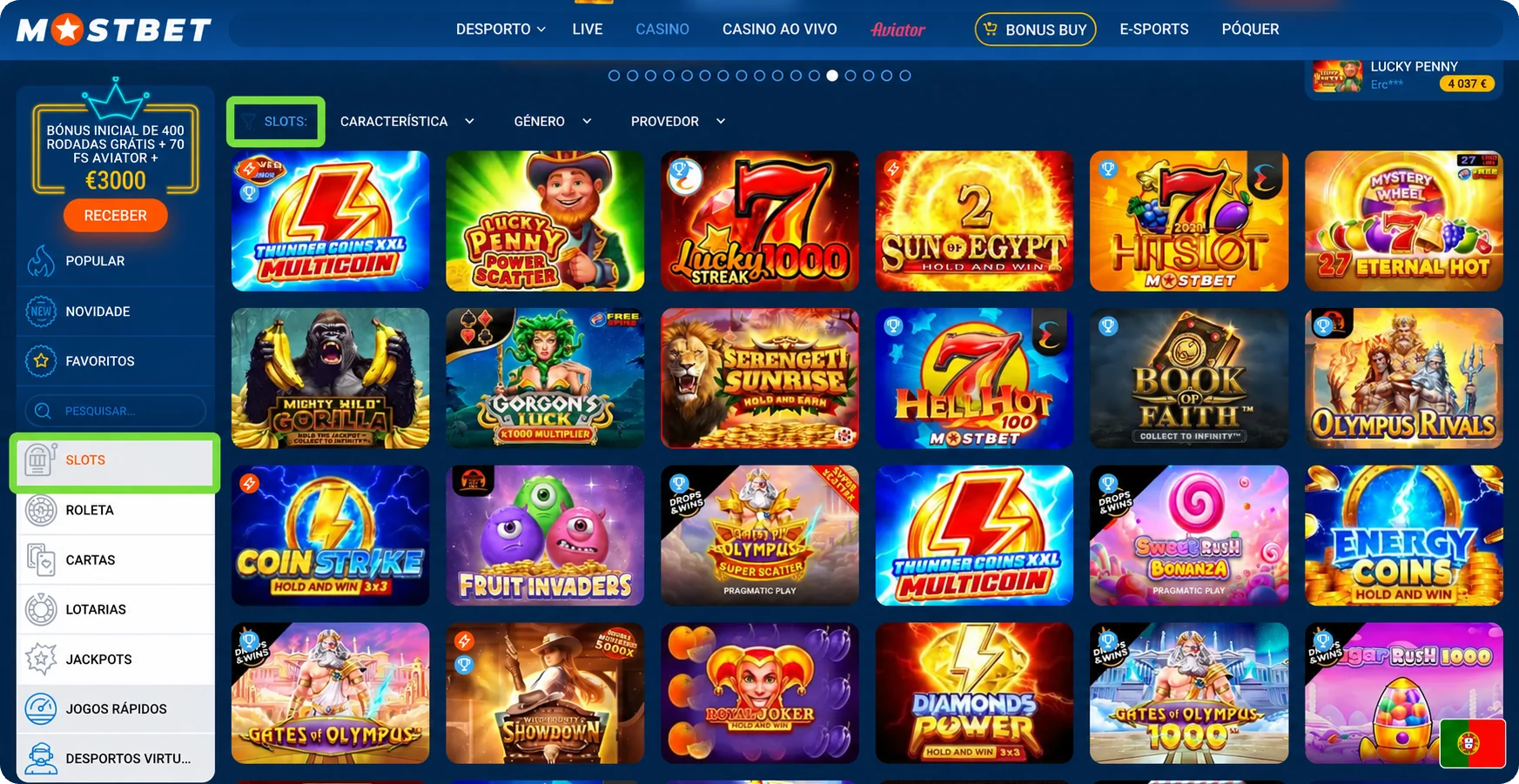 Categoria de slots no casino Mostbet